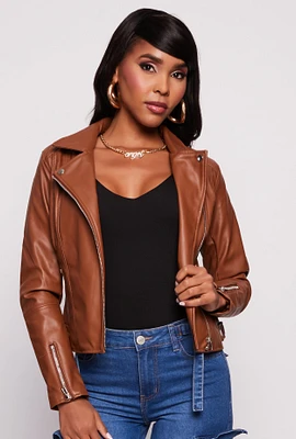 Womens Faux Leather Zip Front Moto Jacket, Brown, Size S