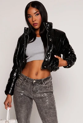 Womens Faux Patent Leather Cropped Puffer Jacket, Black, Size S