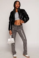 Womens Faux Patent Leather Cropped Puffer Jacket, M