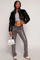 Womens Faux Patent Leather Cropped Puffer Jacket, Black, Size S