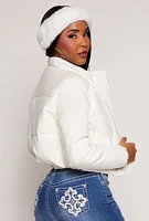 Womens Faux Patent Leather Cropped Puffer Jacket, White, Size S