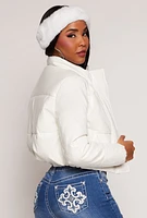 Womens Faux Patent Leather Cropped Puffer Jacket, White, Size S