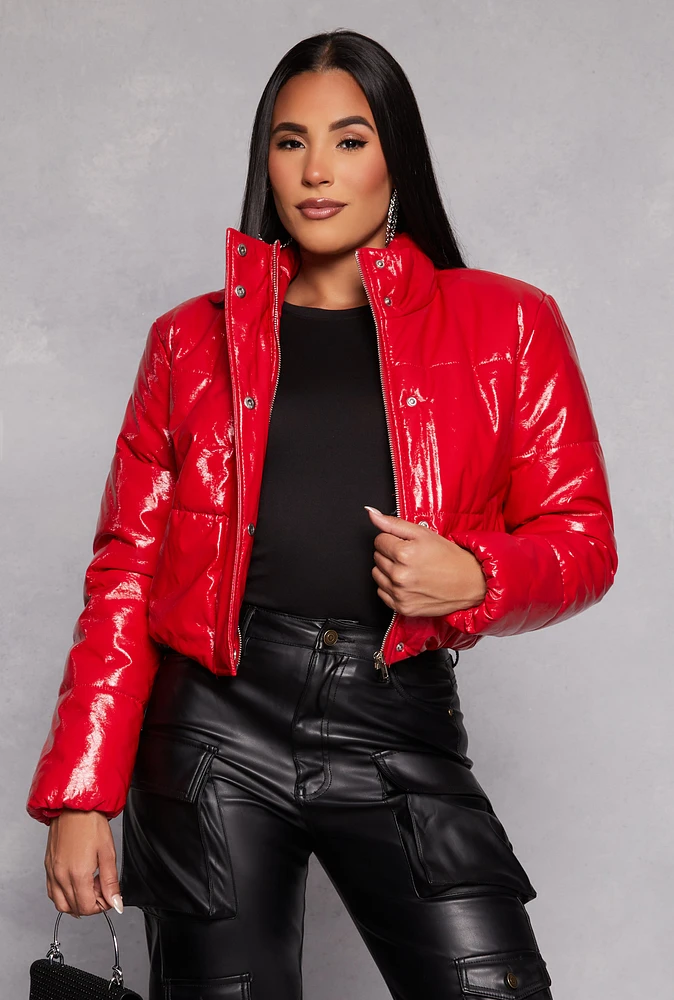 Womens Faux Patent Leather Cropped Puffer Jacket, Red, Size S