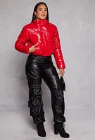 Womens Faux Patent Leather Cropped Puffer Jacket, Red, Size S