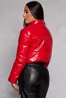 Womens Faux Patent Leather Cropped Puffer Jacket, Red, Size S