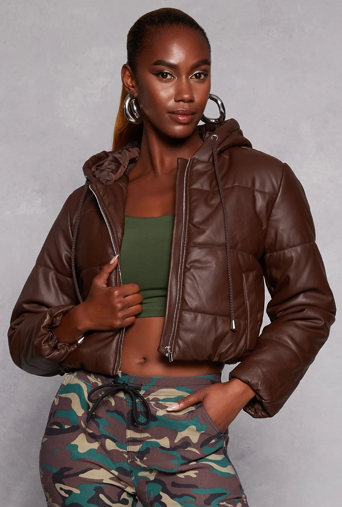 Womens Faux Leather Zip Front Hooded Puffer Jacket, Brown, Size S