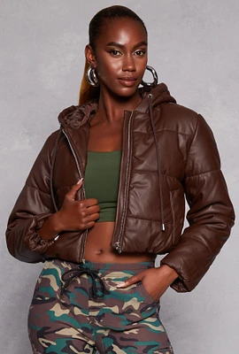 Womens Faux Leather Zip Front Hooded Puffer Jacket, Brown, Size S