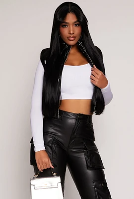Womens Faux Patent Leather Zip Front Puffer Vest,