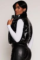 Womens Faux Patent Leather Zip Front Puffer Vest,