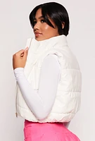 Womens Faux Patent Leather Zip Front Puffer Vest, White,