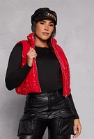 Womens Faux Patent Leather Zip Front Puffer Vest, Red, Size L