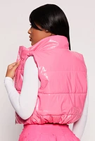 Womens Faux Patent Leather Zip Front Puffer Vest, Pink, Size S