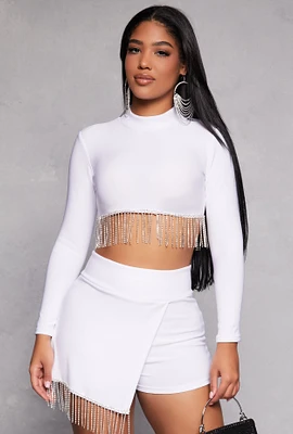 Womens Rhinestone Fringe Hem Crop Top, White, Size S