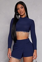 Womens Rhinestone Fringe Hem Crop Top, Blue, Size L