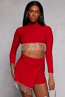 Womens Rhinestone Fringe Hem Crop Top,