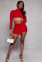 Womens Rhinestone Fringe Hem Crop Top, Red, Size S