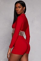 Womens Rhinestone Fringe Hem Crop Top, Red, Size S