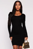 Womens Rib Knit Puff Sleeve Sweater Dress,