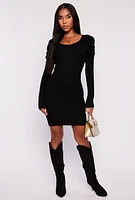 Womens Rib Knit Puff Sleeve Sweater Dress,