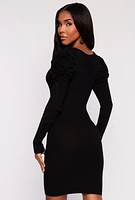 Womens Rib Knit Puff Sleeve Sweater Dress,