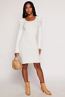 Womens Rib Knit Puff Sleeve Sweater Dress, White, Size XL