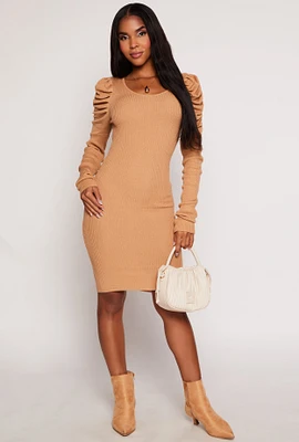 Womens Rib Knit Puff Sleeve Sweater Dress,