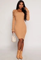 Womens Rib Knit Puff Sleeve Sweater Dress,