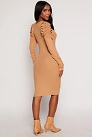 Womens Rib Knit Puff Sleeve Sweater Dress,