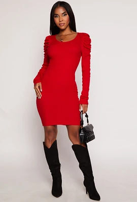 Womens Rib Knit Puff Sleeve Sweater Dress, Red,