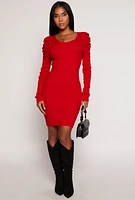 Womens Rib Knit Puff Sleeve Sweater Dress, Red, Size S