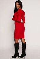 Womens Rib Knit Puff Sleeve Sweater Dress, Red, Size S