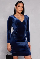 Womens Velvet Long Sleeve Faux Wrap Dress, Blue, Size S