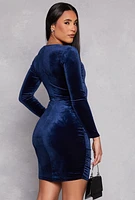 Womens Velvet Long Sleeve Faux Wrap Dress, Blue, Size S