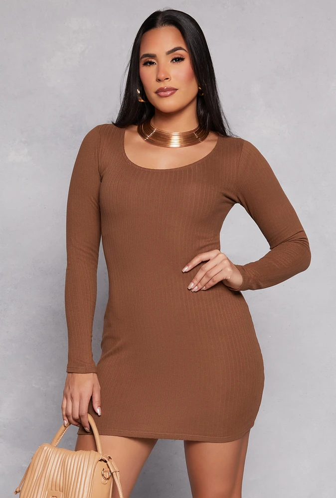 Womens Scoop Neck Long Sleeve Dress, Brown, Size S