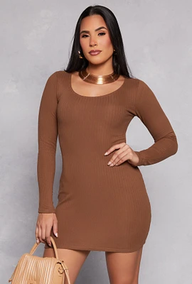Womens Scoop Neck Long Sleeve Dress, Brown, Size S