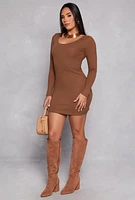 Womens Scoop Neck Long Sleeve Dress, Brown, Size S