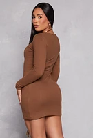 Womens Scoop Neck Long Sleeve Dress, Brown, Size S