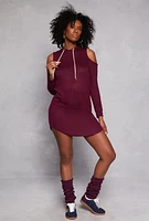 Womens Cold Shoulder Hoodie Dress, Burgundy, Size S