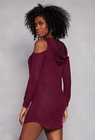 Womens Cold Shoulder Hoodie Dress, Burgundy, Size S