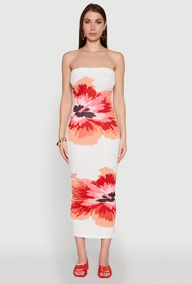 Womens Floral Print Midi Tube Dress, White, Size M