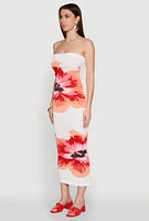 Womens Floral Print Midi Tube Dress, White, Size M