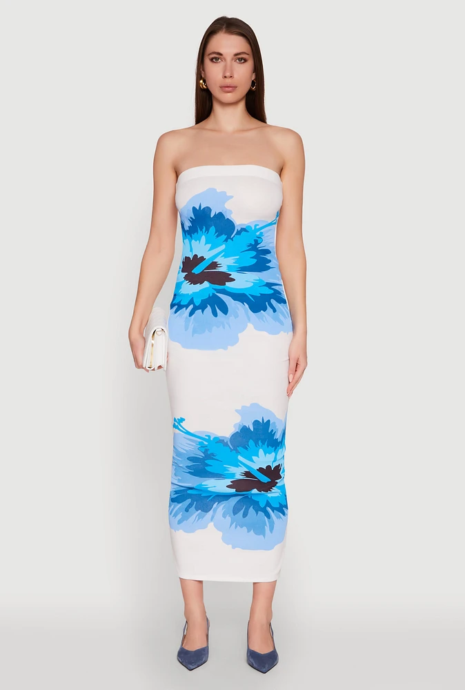 Womens Floral Print Midi Tube Dress, Blue, Size M