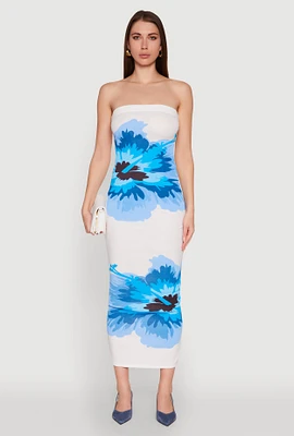 Womens Floral Print Midi Tube Dress, Blue, Size M