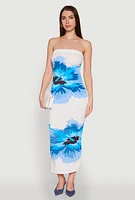 Womens Floral Print Midi Tube Dress, Blue, Size M