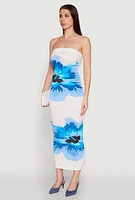 Womens Floral Print Midi Tube Dress, Blue, Size M