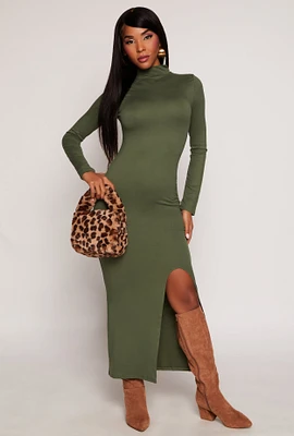 Womens Mock Neck Side Slit Maxi Dress, Green, Size S