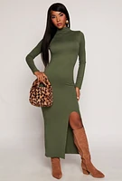 Womens Mock Neck Side Slit Maxi Dress, Green, Size S