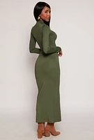 Womens Mock Neck Side Slit Maxi Dress, Green, Size M