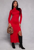 Womens Mock Neck Side Slit Maxi Dress, Red, Size S