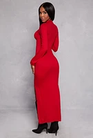 Womens Mock Neck Side Slit Maxi Dress, Red, Size S